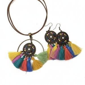 Bohemian Multicolor Tassel Necklace and Earring Set